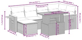 7 pcs conjunto sofás p/ jardim c/ almofadões vime PE cinzento