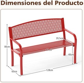 Banco jardim Metal de ripas de 128 cm para 2-3 pessoas com braços curvos e encosto clássico Vermelho