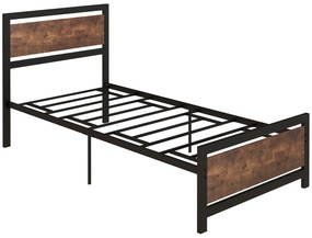 HOMCOM Estrutura de Cama Individual de Aço para Colchão 90x190 cm Carga Máxima 150 kg 97x195x103 cm Preto e Marrom Rústico | Aosom Portugal