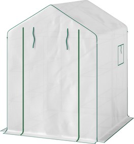 Estufa de jardim 140 x 143 x 190 cm com 1 porta, 2 janelas e prateleiras de 3 níveis para legumes, plantas e flores; cobertura em PE branca