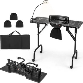 Mesa de manicure dobrável com aspirador de pó elétrico Luz LED 4 rodas com travão 90 x 40 x 77 cm Preta