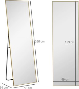 Espelho retangular de corpo inteiro, 50 x 160 cm, espelho com suporte, de parede ou encostado à parede, dourado