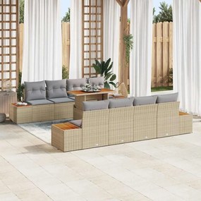 vidaXL Conjunto de Jantar para Jardim de 9 Peças com Almofadas Bege em Rattan de Polipropileno e Acácia