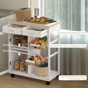Carrinho de Cozinha, 67 x 35 x 80 cm, Tampo de Bambu, Branco