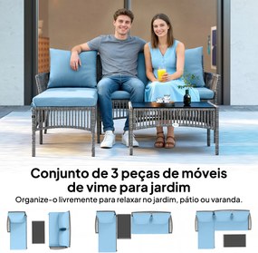 Conjunto de Jardim Exterior de Vime com Sofá de 2 Lugares, Chaise Longue e Mesa de Centro com Vidro Temperado Azul Claro