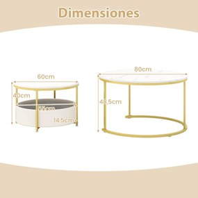 Conjunto de 2 mesas de centro redondas de 80 e 60 cm com cesto de tecido e estrutura metálica brancas e douradas