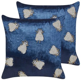 Conjunto de 2 almofadas decorativas com motivo de mosca em veludo azul marinho 45 x 45 cm PENTAS Beliani