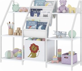 Estante infantil de 3 níveis, estante para livros infantis com gaveta em tecido, 93 x 30 x 76 cm, branca