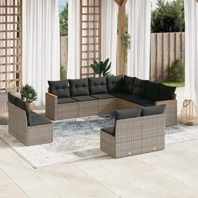 11 pcs conjunto sofás de jardim c/ almofadões vime PE cinzento