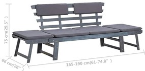 Banco jardim c/ almofadões 2-em-1 190 cm acácia maciça cinzento