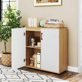 Armário de armazenamento moderno com 2 portas e prateleira ajustável em 5 posições Natural + Branco