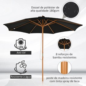 Chapéu de Sol de Jardim Ø300x250cm com Sistema de Polia Teto Ventilado e Mastro Desmontável de Madeira para Terraço Pátio Exterior Preto