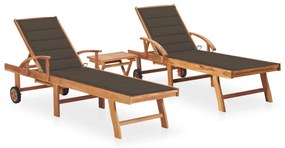 vidaXL Espreguiçadeiras com mesa e almofadão 2 pcs teca maciça