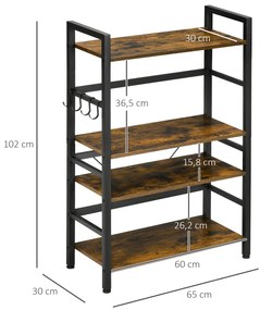Estante de Cozinha com 4 Prateleiras Ganchos e Sistema Anti-Tombo Estante para Micro-Ondas 65x30x102 cm Castanho Rústico e Preto
