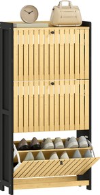 Sapateira com capacidade para 18 pares, com 3 gavetas rebatíveis, portas de bambu com ripas, 60 x 24 x 118 cm, preto e madeira natural