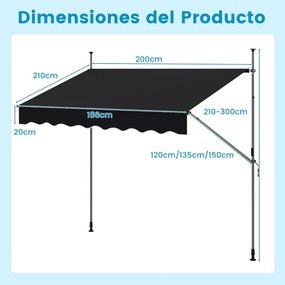 Toldo retrátil manual 2 m x 3 m Toldo exterior com altura ajustável Manivela e sem perfuração para janela Porta Terraço Preto