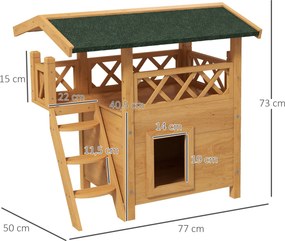 Casa para Gatos de Madeira 77x50x73cm com 2 Níveis  Teto Asfáltico Terraço Cercado Caverna e Escada Madeira
