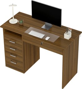 Secretária com 5 gavetas, 110 x 50 cm, com arrumação, prateleira aberta, gaveta com fechadura, cor nogueira