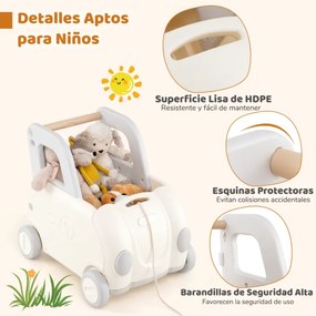 Andarilho de empurrar para crianças em forma de carro com corda de reboque, assento rebatível e rodas lisas 59 x 44 x 53 cm Branco