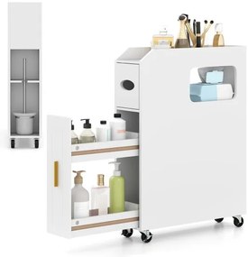 Armário de banheiro alto com 2 portas de vidro caneladas, armário autônomo fino com prateleiras ajustáveis para cozinha, branco