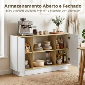 Aparador Moderno com 2 Prateleiras Abertas e 2 Portas de Fecho Suave para Sala de Jantar e Sala de Estar 133x35x79,7 cm Natural e Branco