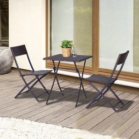 Conjunto de 3 Peças de Rattan Conjunto de 2 Cadeiras e Mesa para Pátio Varanda Jardim Dobrável Desenho Trançado Elegante Mesa de 60x60x72 cm Cor Marro