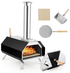 Forno de pizza portátil para uso externo com termômetro de perna dupla em pedra para pizza 51 x 38,5 x 83 cm Preto e Prata