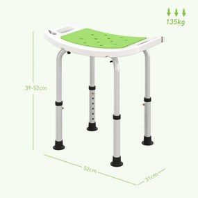 Assento de duche ajustável em altura; pés antiderrapantes; carga máxima de 135 kg; alumínio e HDPE; verde