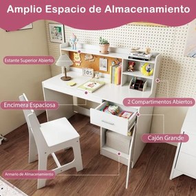 Conjunto de secretaria e cadeira infantil com estante, gaveta, armário, quadro de cortiça e banco com encosto inclinado 109,5 x 48 x 100,5 cm Branco