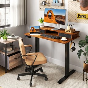 Secretária elétrica com pé 100 x 60 cm com 2 gavetas, altura ajustável e suporte para monitor Castanha