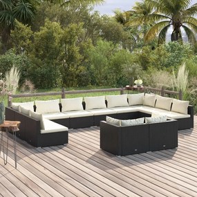 vidaXL 12 pcs conjunto lounge de jardim c/ almofadões vime PE preto