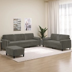 vidaXL 3pcs conjunto sofás c/ almofadas/almofadões veludo cinza-escuro