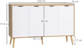 Aparador com 2 armários de 4 portas, padrão em espinha, prateleiras ajustáveis, 120 x 35 x 77,4 cm, branco