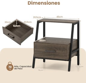 Mesa de cabeceira 45 x 35 x 52,5 cm com 3 níveis, prateleira aberta, gaveta e estrutura metálica para sala, cinzenta acastanhado