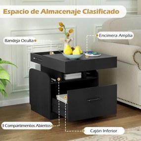 Mesa de cabeceira com estação de carregamento, gaveta e arrumação com tabuleiro e prateleiras abertas para quarto ou sala 50 x 40 x 55 cm Preto