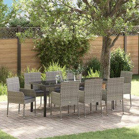 vidaXL Conjunto de 9 Peças de Jantar de Jardim com Almofadas Cinza Vime PE