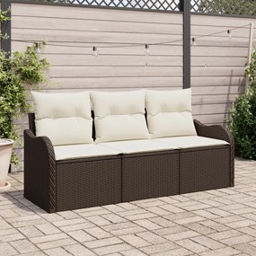 Conjunto de Sofá de Jardim de 3 Peças com Almofadas Marrom Poliratan