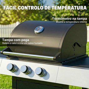 Grelhador a Gás com 3 Queimadores 8,1 kW Termómetro Grelhas Mesas Laterais Armário e Rodas 109x50x109 cm Preto