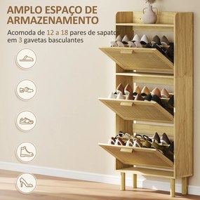 Sapateira com 3 Gavetas Rebatíveis e Prateleira Aberta para 12-18 Pares de Sapatos 65x24,5x153 cm cor Carvalho