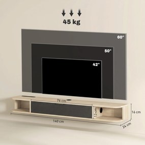 Móvel de TV suspenso 140 x 24 x 16 cm, móvel para televisores até 60 polegadas, gaveta rebatível, 2 prateleiras, madeira cor natural e preto