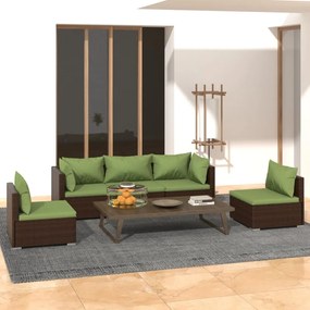 vidaXL 5 pcs conjunto lounge de jardim c/ almofadões vime PE castanho