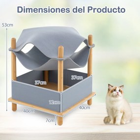 Cama para gatos de madeira de 2 níveis moderna com compartimento semi-fechado Cinzento