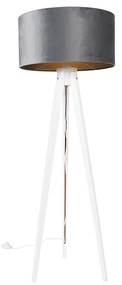 Candeeiro de pé moderno tripé branco com cúpula cinzenta em veludo 50 cm - Tripod Classic Moderno