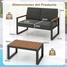 Conjunto de móveis de jardim em alumínio com Sofá seccional estofado cinzento e com mesa de centro almofadas cinzentas