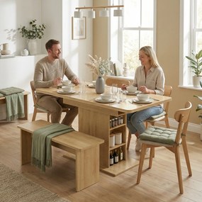 Mesa de jantar retangular extensível para 4 a 6 pessoas 110-130 cm, (BANCOS E CADEIRAS NÃO INCLUIDAS) com 6 prateleiras abertas, efeito madeira natura