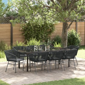 vidaXL Conjunto de Jantar de Jardim com 9 Peças e Almofadas em Rattan Preto