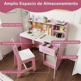 Conjunto de secretaria e cadeira infantil com estante, gaveta, armário, quadro de cortiça e banco com encosto inclinado 109,5 x 48 x 100,5 cm Rosa