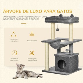 Arranhador para Gatos de 3 Níveis com Caverna Rede Plataforma Bolas Suspensas e Poste de Sisal 48x48x90 cm Cinza