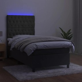 Cama box spring c/ colchão/LED 100x200cm veludo cinzento-escuro