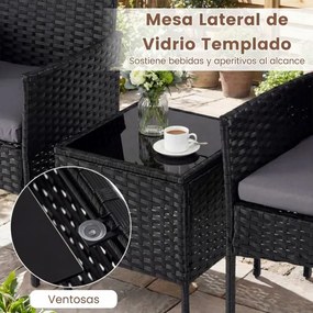 Conjunto de móveis de jardim de 3 peças em rattan com 2 cadeiras e Mesa auxiliar de vidro para terraço, pátio ou varanda Cinzento+Preto